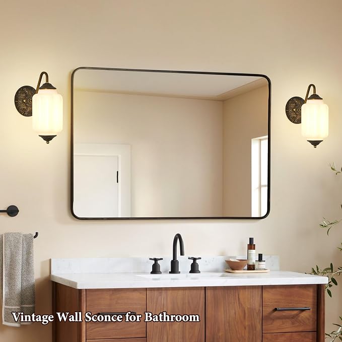 Vintage Milk Glass Wall Sconce - Set of 2,Antique Dimmable Sconce (Bulb×2) | Mid Century Brass Gold,Install Up or Down,Art Deco Retro Vanity Light Fixture for Hallway Bathroom Bedroom Bedside