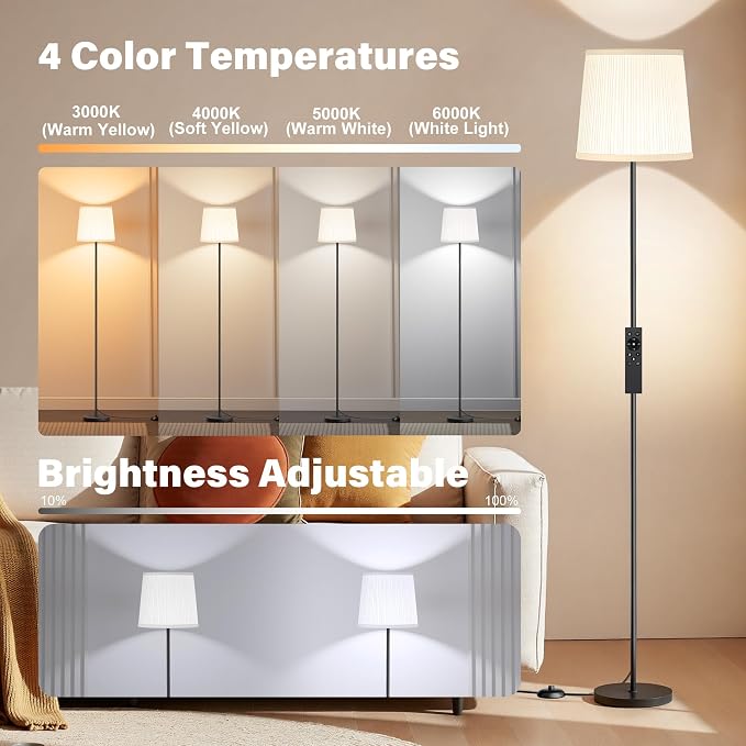 Dimmable Floor Lamp with Pleated Shade for Living Room | Dimmable LED Standing Lamp with Remote & Foot Switch, Modern Floor Reading Light for Bedroom Office Corner