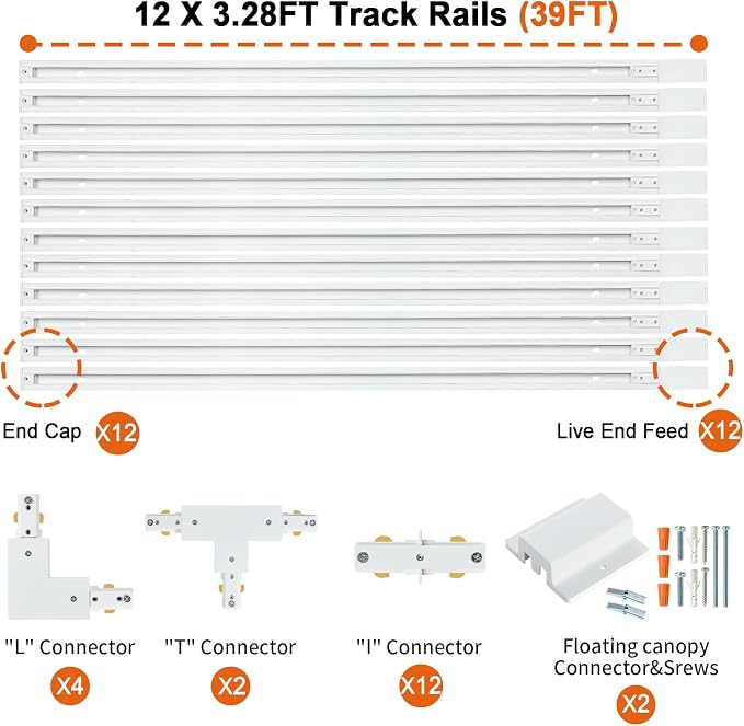 39FT H Track Lighting Rail Kit, White 120V H Type Track Rail System | Includes Floating Canopy Connector, I/L/T Connectors, End Caps and Live End Feed. Compatible with H style 3-wire Track heads
