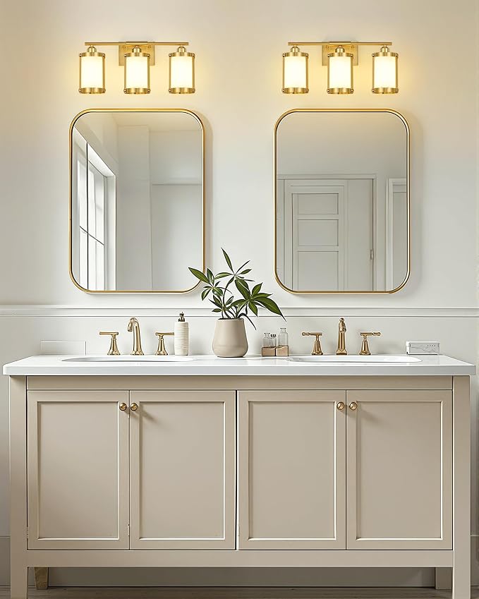 3-Light Brushed Gold Bathroom Light Fixtures with Milk Frosted Glass, 21" Modern Bathroom Vanity Lighting Fixtures Over Mirror with Metal Cage, Wall Sconce Lights for Bath, E26, OS-3014BGW-3W