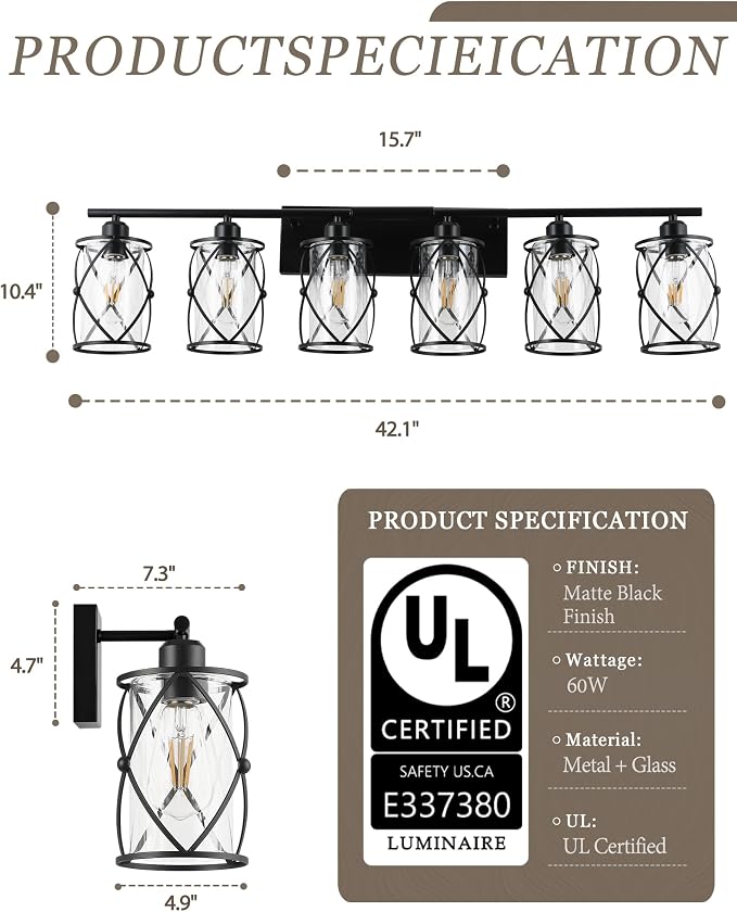 6-Light Matte Black Bathroom Light Fixtures Over Mirror, 42" UL-Listed Modern Wall Sconce Lights with Clear Glass and Metal Cage for Bath, Hardwire E26, CH9176BK-6W
