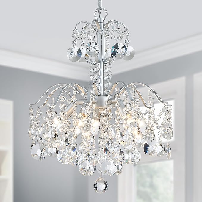 WUZUPS 5-Light Crystal Chandelier Pendant Ceiling Light Modern Lighting Fixture for Bedroom Hallway Bar Kitchen Bathroom, H 20.3" W17.1, E12 Base, Silver