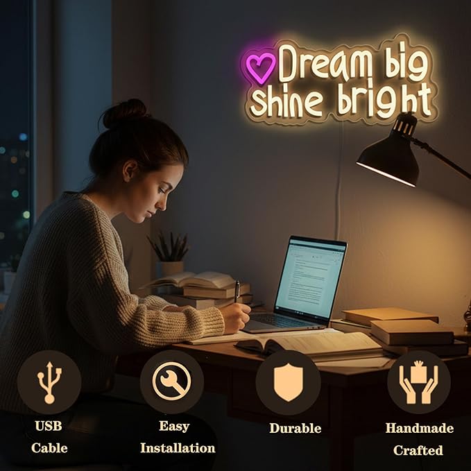 Dream big Shine bright neon sign, suitable for classroom wall decoration, back-to-school season, graduation season, student gifts. Dimmable, USB powered, pink heart-shaped inspirational neon light.
