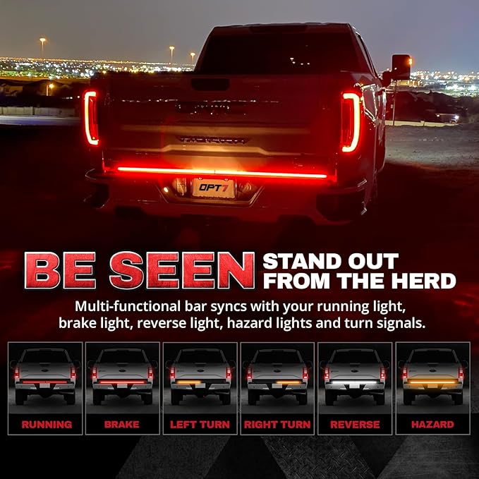 OPT7 Plug'n'Play Bundle for 2021-2023 F150 w/OE Halogen Taillights and Blind Spot Monitor – 60" Redline Double Row Two-Piece LED Tailgate Light Bar w/Amber Turn + Easy Connect Harness