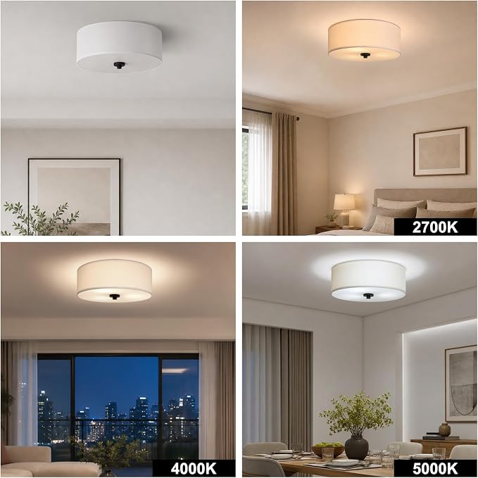 16" Semi Flush Mount Ceiling Light,E26 3-Light,White Drum,Modern | Close to Ceiling Light with White fabric shade,Great for Living Room,Dining Rooms,Bedroom,Kitchen, Bulbs NOT Included