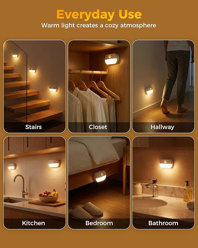 6 Pack Rechargeable Motion Sensor Stair Lights Indoor Magnetic Night Light | Peel and Stick On Hallway Light, Wireless Battery Operated LED Wall Lights for Step Bedroom Cabinet Toilet Bathroom Closet