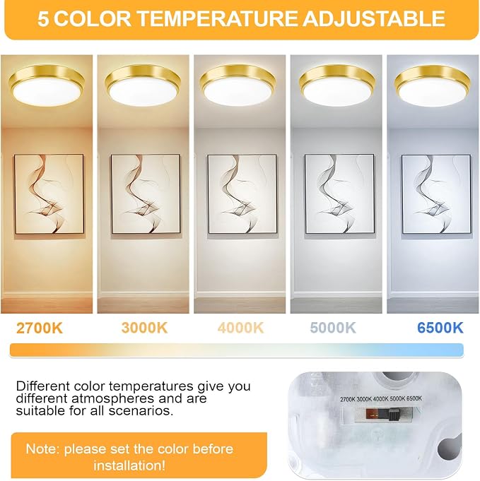 13 Inch Dimmable Flush Mount LED Ceiling Light Fixtures, 2-Pack Gold LED Ceiling Lights with 5 Color Temperatures (2700K/3000K/4000K/5000K/6500K), Modern Round LED Lights for Kitchen Living Room