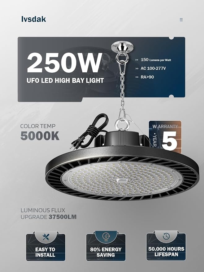 lvsdak LED High Bay Lights 250w (Eqv.1000w Mh/Hps/Hid) 5000K 37500lm 6 Pack | with 5ft Cable High Bay Led Shop Lights Commercial Lighting Fixture for Warehouse Garage light Barn Factory