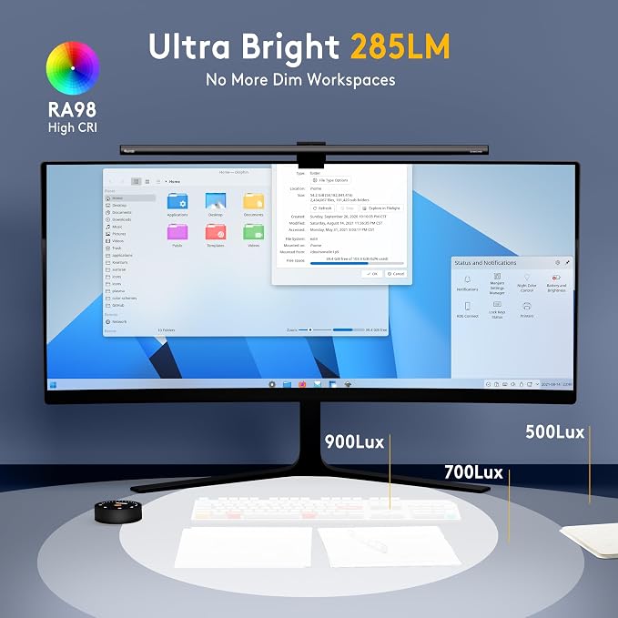 Quntis 20.5'' Computer Monitor Light - Radar Motion Sensor, Eye-Care Professional Desk Lamp Bar, Stepless Dimming Remote Control, Auto-Dimming & Timer, Space Saving Fit for Curved & All Screens