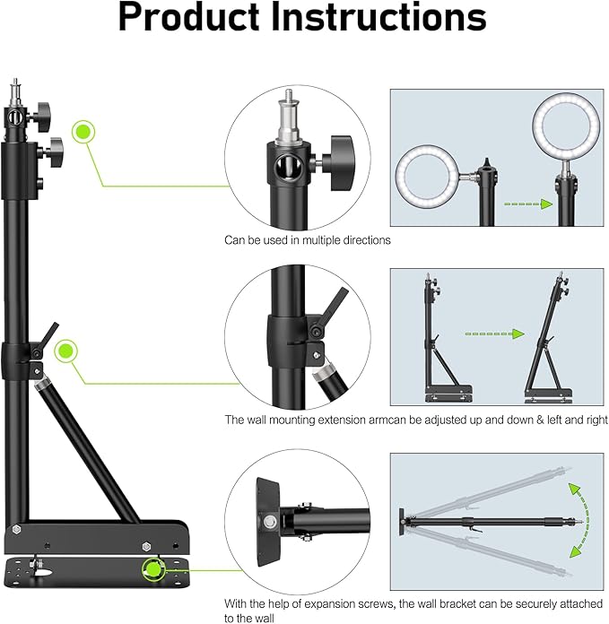 Ring Light Mount - Wall Mount Triangle Boom Arm， 4.3ft/130cm Wall Stand Tirpod Support 180°Flexible Rotation for Studio Video Light, Monolight, Photography, Softbox, Reflector (4.3Ft)