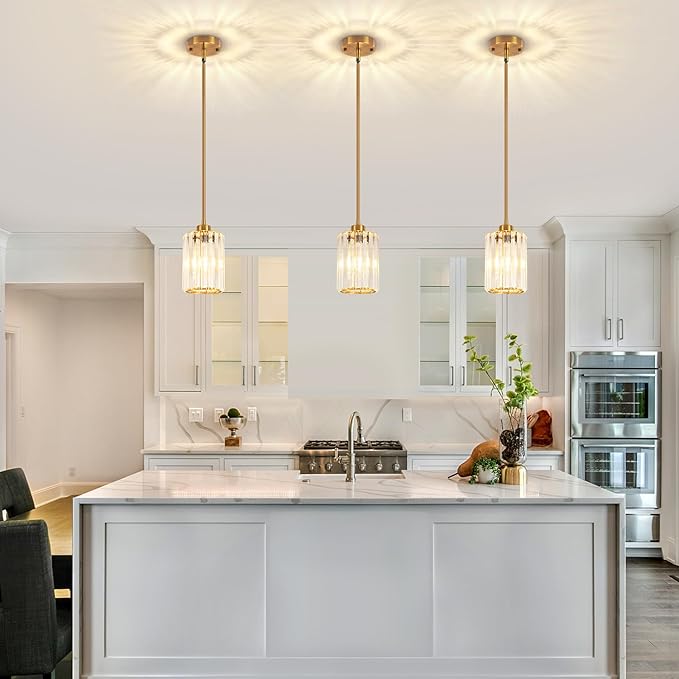 3 Pack Brushed Gold Pendant Lights Kitchen Island, Modern Crystal Kitchen Pendant Lighting Over Island Dining Room Light Fixtures Adjustable Hanging Pendant Light for Bathroom Hallway Foyer Bedroom