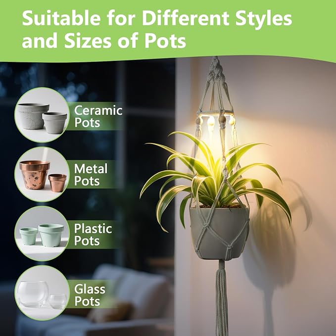 2 Pack Macrame Plant Hanger with Grow Light for Indoor Plants | 10 Brightness, 3 Light Modes, 3/9/12H Timer, Fits 5-9 in Pots, Cotton Rope, Boho Decor, Pots Not Included