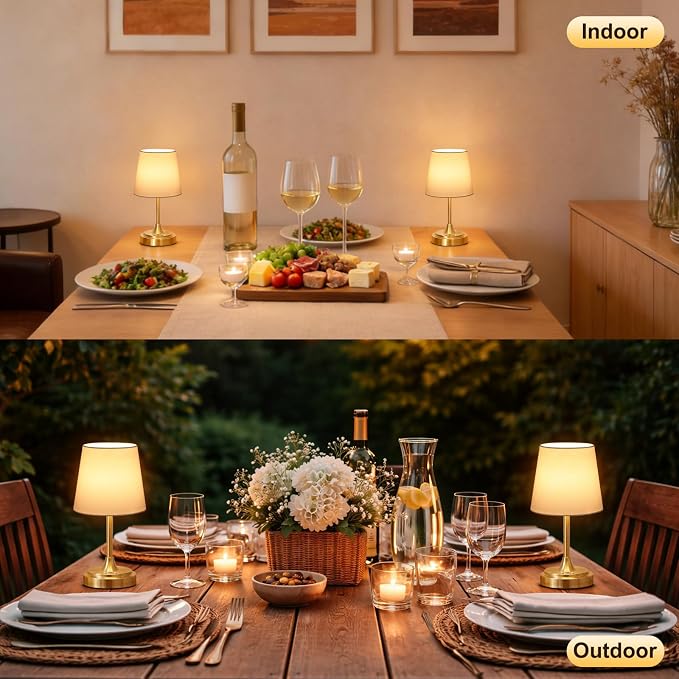 Wowag Small Cordless Table Lamp Rechargeable,5000mAh Battery Operated Desk Lamp,3 Colors & 7 RGB Stepless Dimmable,Touch Ambient Light for Bedside,Bedroom,Dining Room,Living Room,Gold,WhiteShade