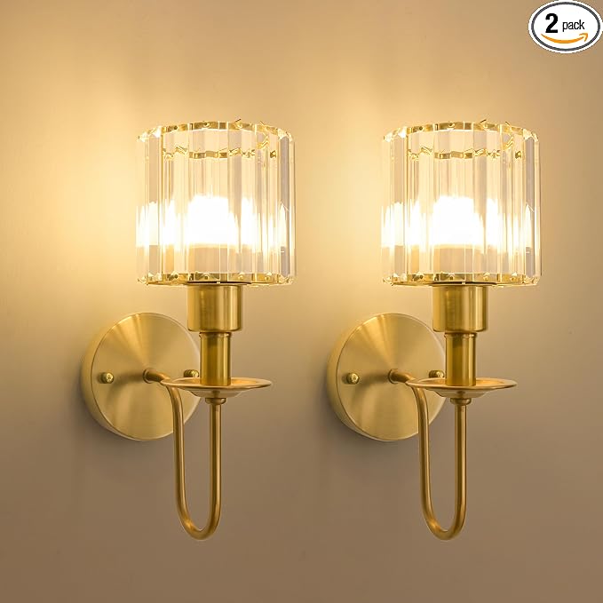 Battery Operated Wall Sconces Set of 2, Gold Crystal Wall Lights | 5200mAh rechargeable wall lights with magnetic bulbs, remote control, 15 colors, 10-level dimming and timer for bedrooms