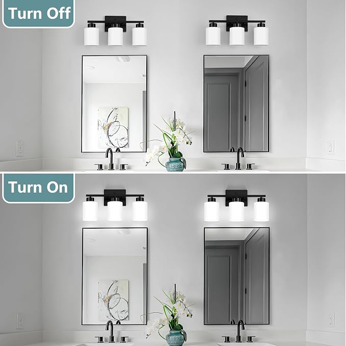 Black Bathroom Light Fixtures Vanity Lighting Over Mirror | 3-Light Modern Wall Sconces with Milky White Frosted Glass Shades for Restroom (E26 Socket)