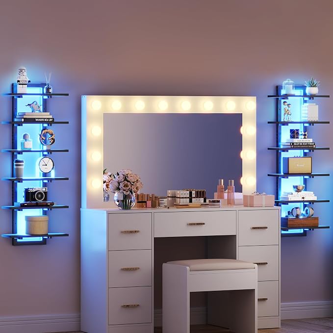 6 Tier Wall Shelf Unit Floating Shelves with LED Light, Vertical Wall Shelf, Wall Mounted Display Shelf for Living Room, Bedroom, Vanity, 15" W x 5.9" D x 43.3" H, Black