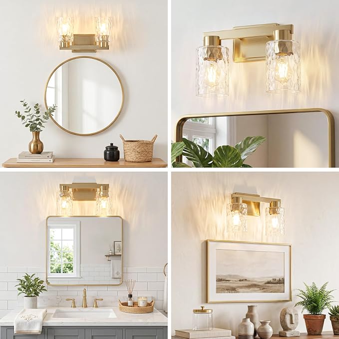 2-Light Bathroom Light Fixtures with Water Ripple Glass, Gold | Vanity Lights, Modern Wall Sconces, Over Mirror for Bathroom, Powder Room, Living Room