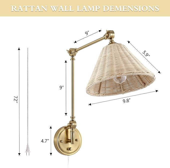 WINGBO Wall Sconce Rattan Wrapped Wall Lamp, Large Lampshade, Adjustable Swing Arm Wall Light Gold Vintage Bedside Light Fixture Wicker Handmade Shade Brass Reading Light Plug in or Hardwire (2 Pack)