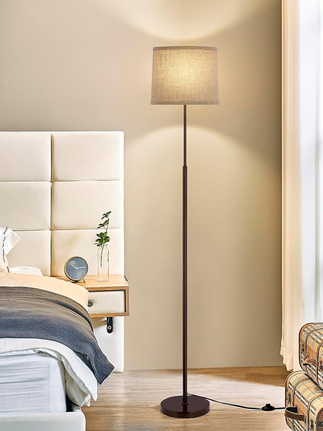 60" Modern Floor Lamp for Living Room Bedroom, Standing Lamp with Oatmeal Linen Lampshade, Tall Lamp with A19 9W 3 Color Temperature Bulb, Foot Switch Control, Brown