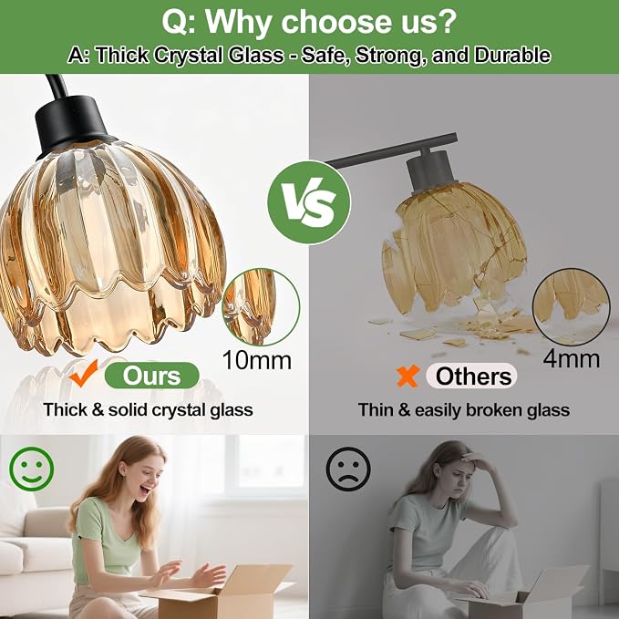 Bathroom Light Fixtures, 3-Light Black Vanity Light with Ribbed Amber Tulip Glass Shades, 20-Inch Bathroom Lighting Over Mirror for Bedroom, Living Room, Hallway (Bulbs Not Included)