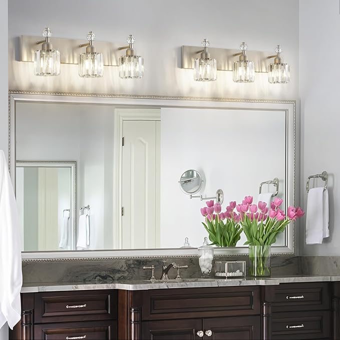 PRESDE 3-Light Crystal Bathroom Vanity Light, Brushed Nickel Bath Lighting Over Mirror, Modern Wall Sconce Fixture