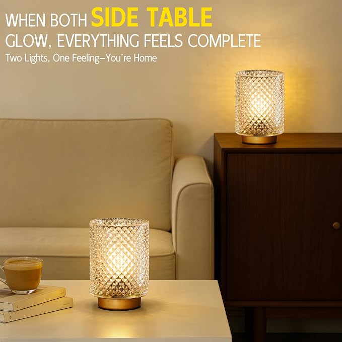 2 Pack Battery Decorative Operated Lamp,Small Accent Table Lamp with Timer for Bedside/shelf,Cordless Glass Ambience Lamp with Warm White Glow for Bookshelf/Entryway/Tabletop Decor(Iridescent Clear)