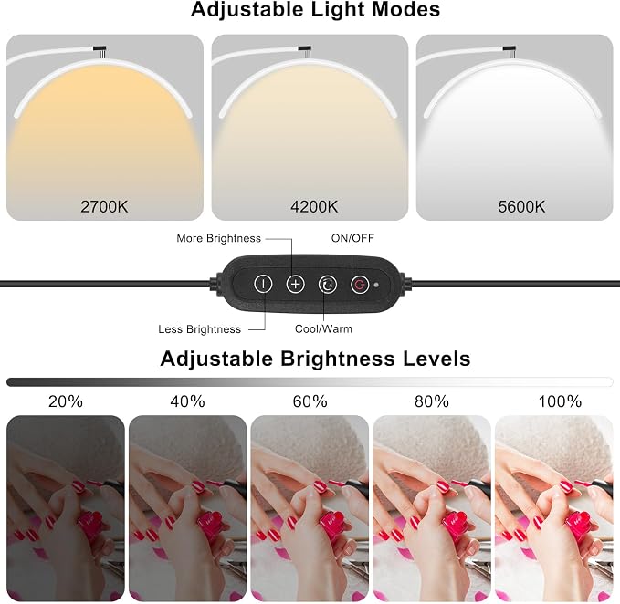 Professional Half Moon LED Desk Light for Nail Techs & Artists – Flexible Gooseneck Lamp with Clamp, 5 Color Modes & 5 Brightness Levels for Manicure, Tattoo, Beauty Work