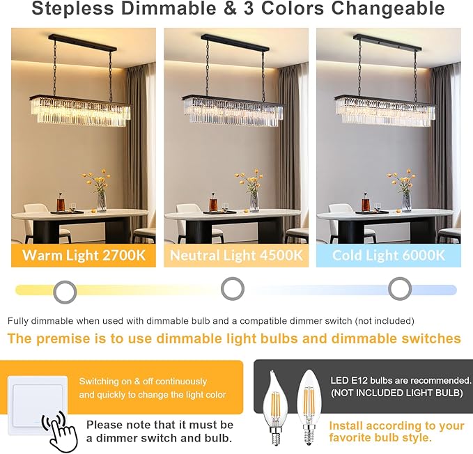 NOXARTE Rectangle Chandeliers for Dining Room, Modern Rectangular Crystal Chandelier Black 8 Lights Pendant Fixture for Kitchen Island Bar Living Room L47 Inch