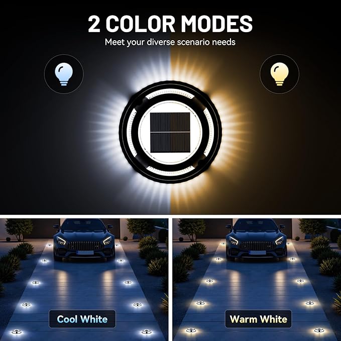 Solar Driveway Lights, 4 Pack Heavy Duty Driveway Lights Solar Powered 2 Color Mode (Cool/Warm White) IP68 Waterproof Outdoor Solar Deck Lights with Ground Stake for Pathway Garden Yard Walkway Dock