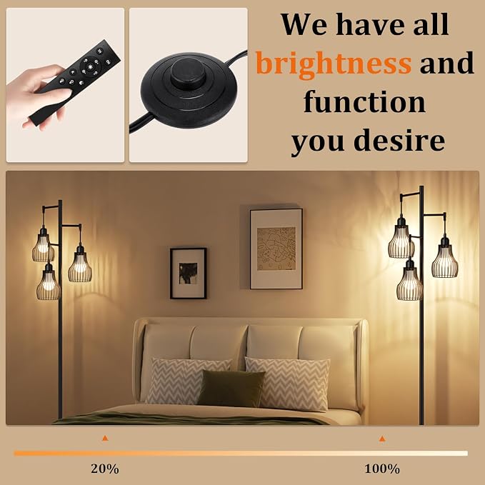 Ziisee Dimmable Floor Lamps for Living Room, Farmhouse Tree Standing Tall Lamp with Remote Control 3 Elegant Cage Shade LED Bulbs for Bedroom Office - Black