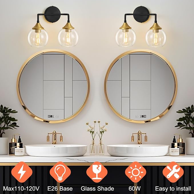 Black and Gold Bathroom Vanity Light 2-Light Vanity Lights 14" | Farmhouse Vanity Lighting Fixtures Over Mirror, Thickened Clear Glass Shade, UL E26 Dimmable Vanity Light Fixtures