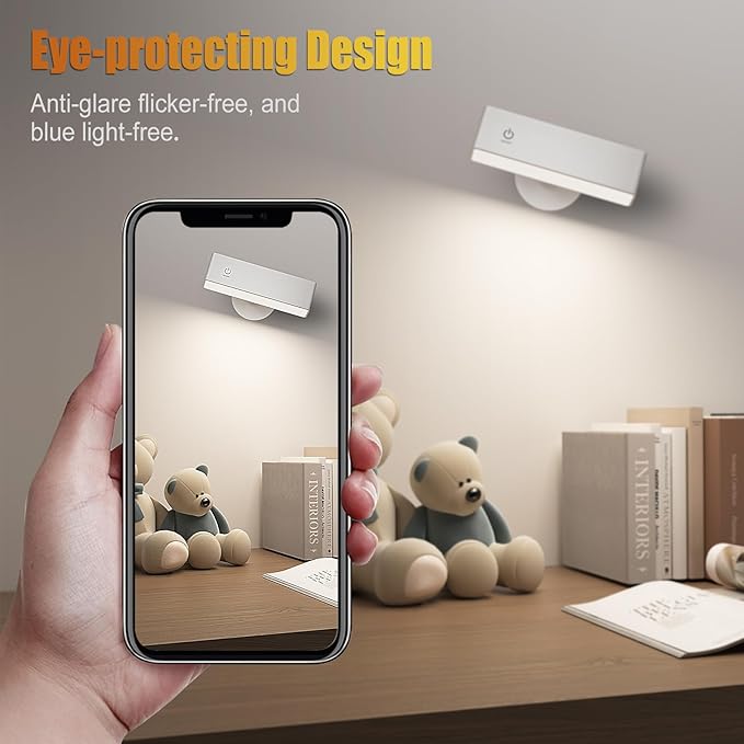 Honalia Rechargeable Wall Lights 2 Pack, Dimmable Wall Mounted Lamp with Magnetic 360 Rotation & Touch Control, Battery Operated Cordless Wall Sconce for Bedroom Bedside Reading