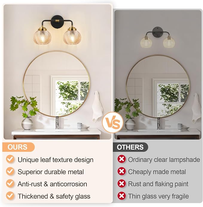 MOKATNG Bathroom Light Fixtures, 2-Light Amber Vanity Lights with Unique Leaf Texture Glass Shade, Modern Matte Black and Gold Bathroom Wall Lamp for Mirror Hallway Cabinet Living Room