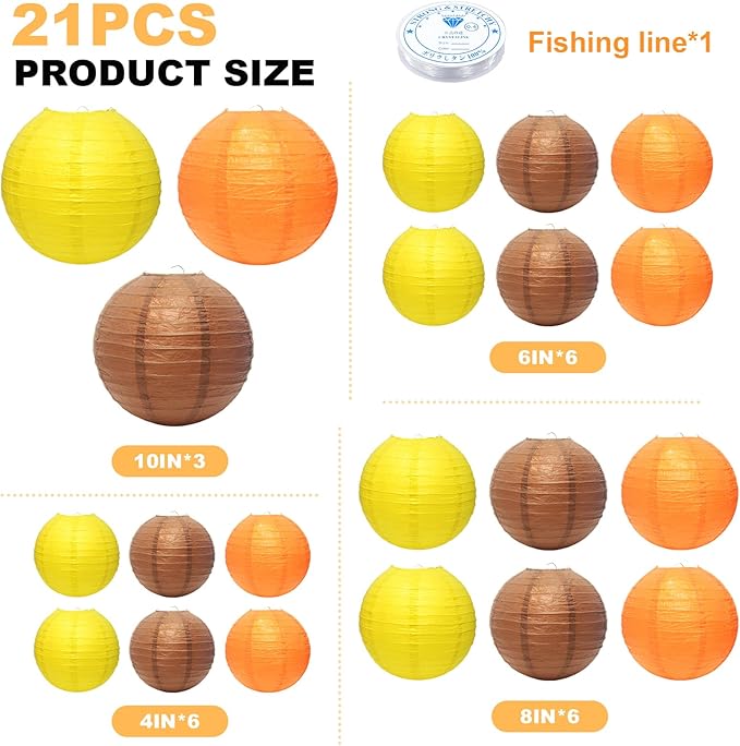 21 Pcs Fall Paper Lanterns Party Decorations, 4/6/8/10 Inch Yellow Orange and Brown Thanksgiving Decorations Autumn Hanging Paper Lanterns for Harvest Theme Party, Wedding, Birthday, Baby Shower