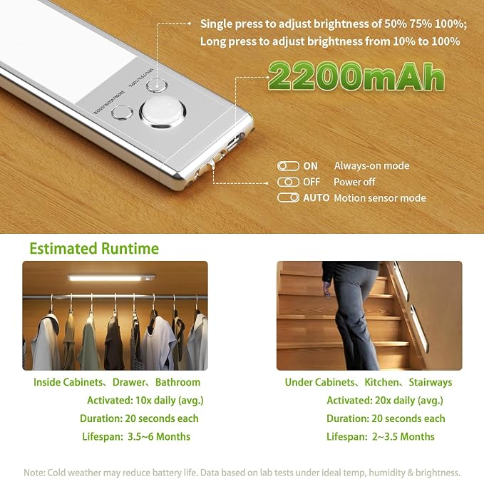 2 Pack Under Cabinet Lighting, 12in Rechargeable Motion Sensor Light Indoor | 3 Color Temperatures, 88 LEDs, Wireless, Magnetic Mount, Aluminum Alloy Closet lights, for Kitchen, Stairs, Wardrobe