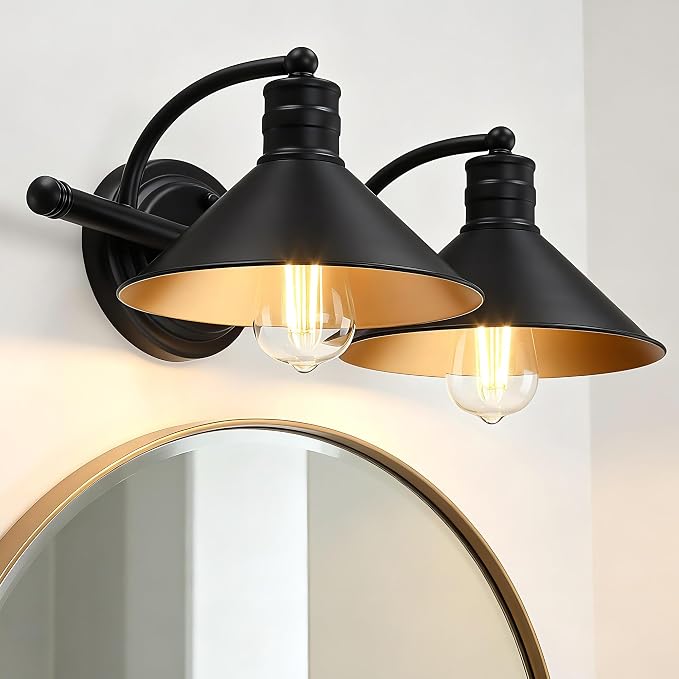 2 Light Bathroom Vanity Light Over Mirror - Black and Gold Farmhouse Wall Light for Bathroom Vanity Powder Room, Rustic Gooseneck Barn Style 2 Bulb Wall Sconce Over Kitchen Sink