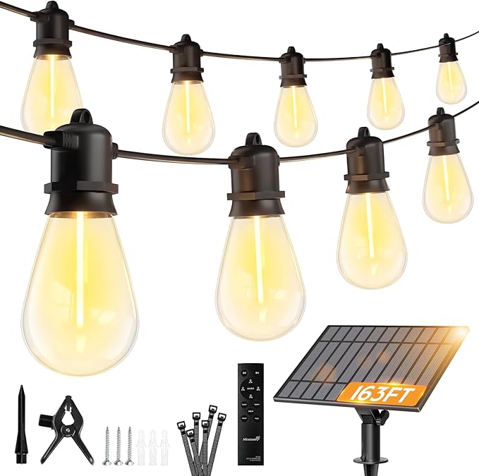 Minetom 163FT Solar String Lights Outdoor Waterproof,S14 Patio Lights | 52 LED Shatterproof Bulb, Remote Type-C Port Timable, 3 Light Modes Dimmable Solar String Lights for Outside, Yard, Camping