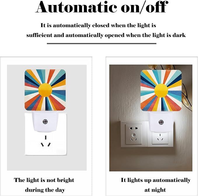 Colorful Sunburst Night Light,Plug Into Wall for Boys Girls Bedroom Decorative Square Night Light Lamp 0.5w Sleep Friendly