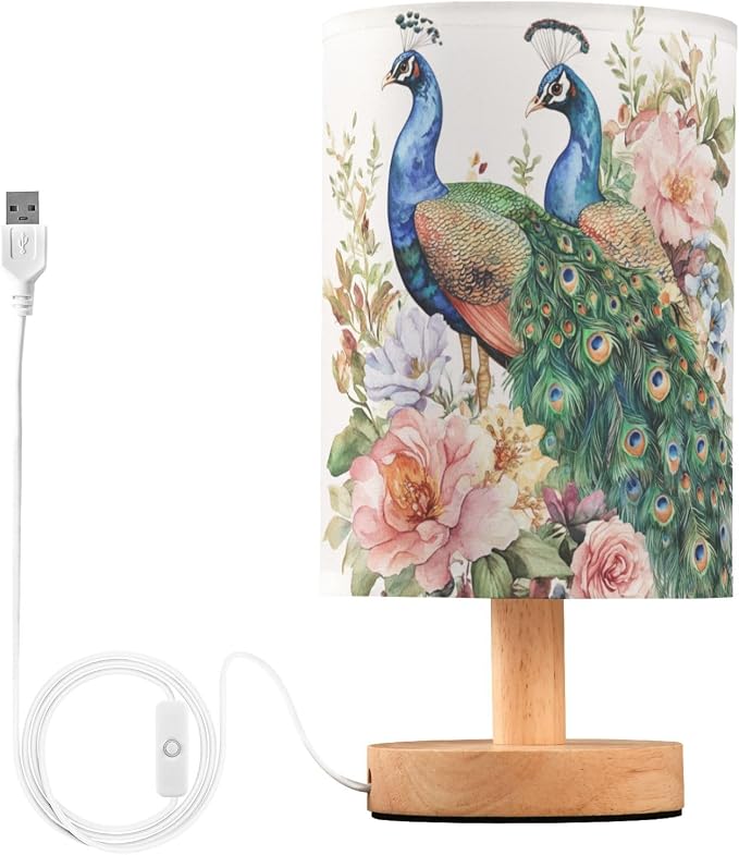 Fustylead Beautiful Peacocks and Flowers Bedside Table Lamps with USB Port for Bedroom Lamp Small Nightstand Lamp Sturdy Linen Shade Wooden Decorative Lamps for Living Room Home Dorm Kids