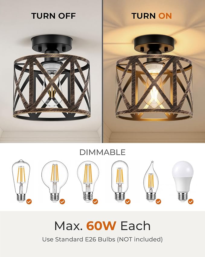 Farmhouse Semi Flush Mount Ceiling Light Fixture E26 Metal Cage Industrial Ceiling Lighting for Kitchen, Bedroom, Foyer, Entryway, Laundry Room, Dining Room, Hallway 8 Inch Gold