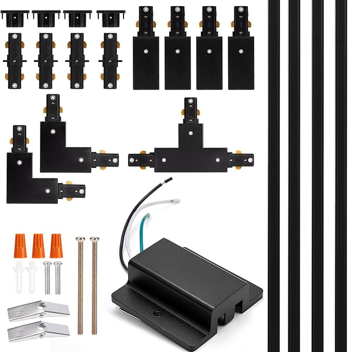 H Track Lighting Rails Kit - iCreating 13ft Black Track Light Track 3 Wire with Floating Canopy Connector, I and L Connectors for Single Circuit H Type LED Track Lighting Heads Fixtures