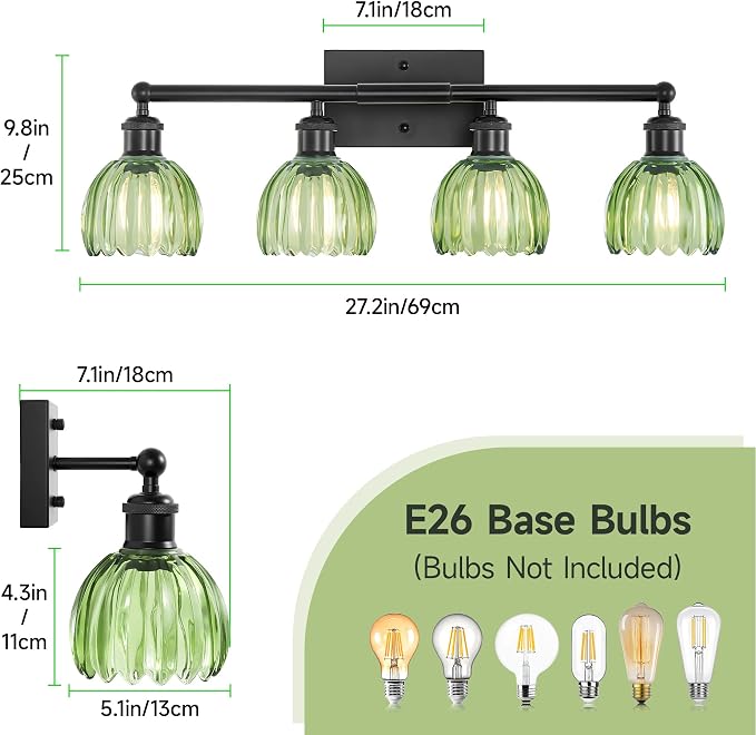 Vanity Lighting Fixtures,4 Light Bathroom Vanity Light,Black Bathroom Light Fixtures Over Mirror,27.2 in Vintage Sconce with Green Tulip Glass Shade for Bedroom,Dressing Table, E26 Base