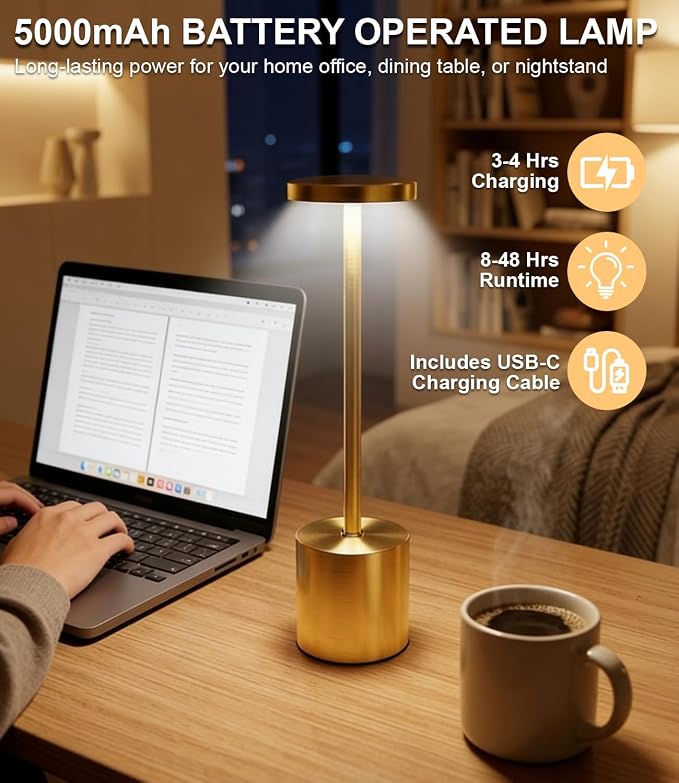 Swinerton Cordless Table Lamp Set of 2, Gold 5000mAh Rechargeable Battery Operated Lamps, Wireless 3 Color Dimmable Touch Lamp Table Light for Restaurant Dining Patio Outdoor, Home Decor