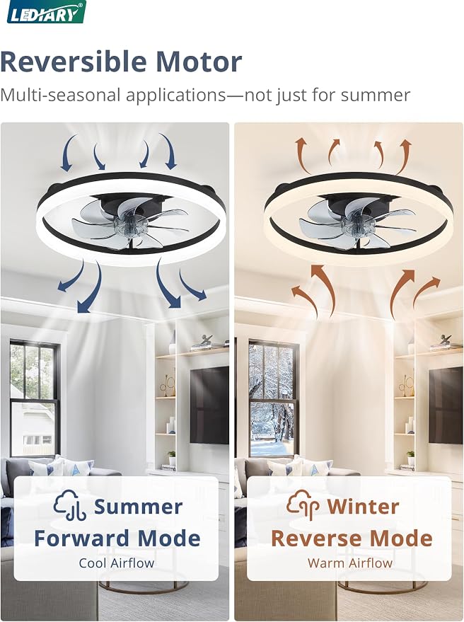 LEDIARY 20" Low Profile Ceiling Fans with Lights, APP & Remote, Black | Flush Mount, Dimmable LED, Quiet DC Motor, Reversible, 6 Speeds, Fandelier, for Bedroom