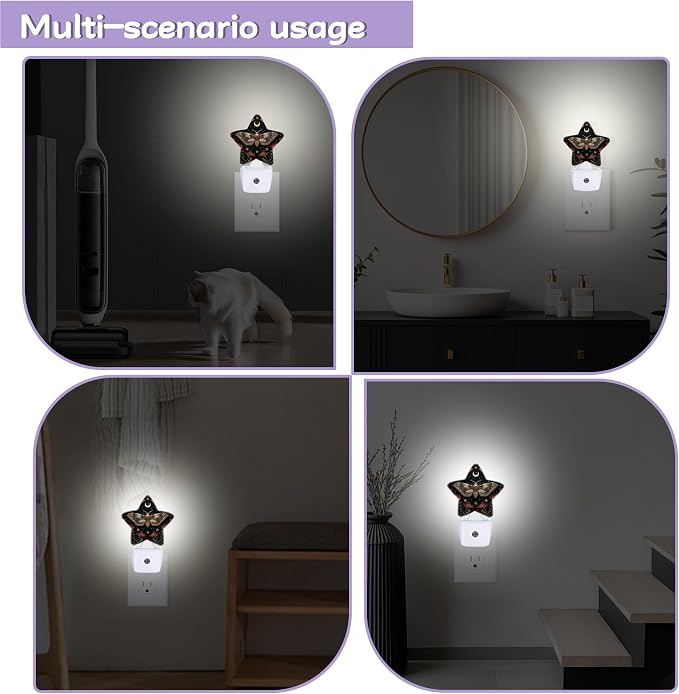 Black Poppy Moth Nightlights Plug in Wall,Mushroom Moon Decorative Star Lamp with Automatic Lighting for Living Space,Gentle Glow for Kids Room,Hallway,Bathroom