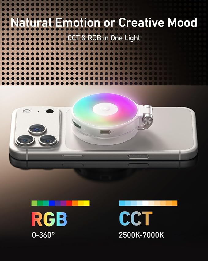TELESIN Upgraded 4-in-1 Magnetic RGB Selfie Ring Light with Mirror & Phone Stand, Rechargeable Portable Clip On Fill Light for iPhone Samsung TikTok, Vlogging, Makeup, Photography, Streaming (White)