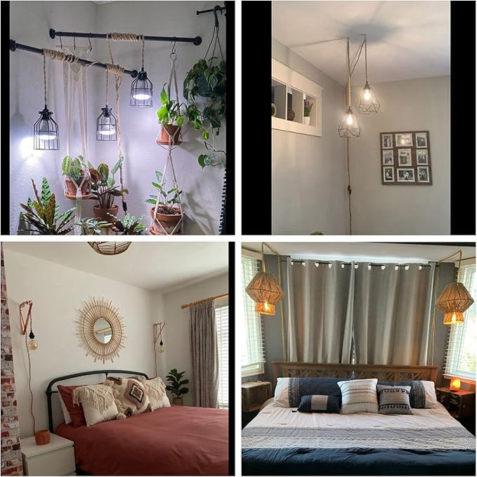 FRIDEKO HOME Farmhouse 15ft Pendant Lights - Hanging Lights with Plug in Cord Hemp Rope Pendant Lights Rustic Hanging Lamps that Plug into Wall Outlet for Kitchen Island Bedroom DIY Decor - 2 Pack