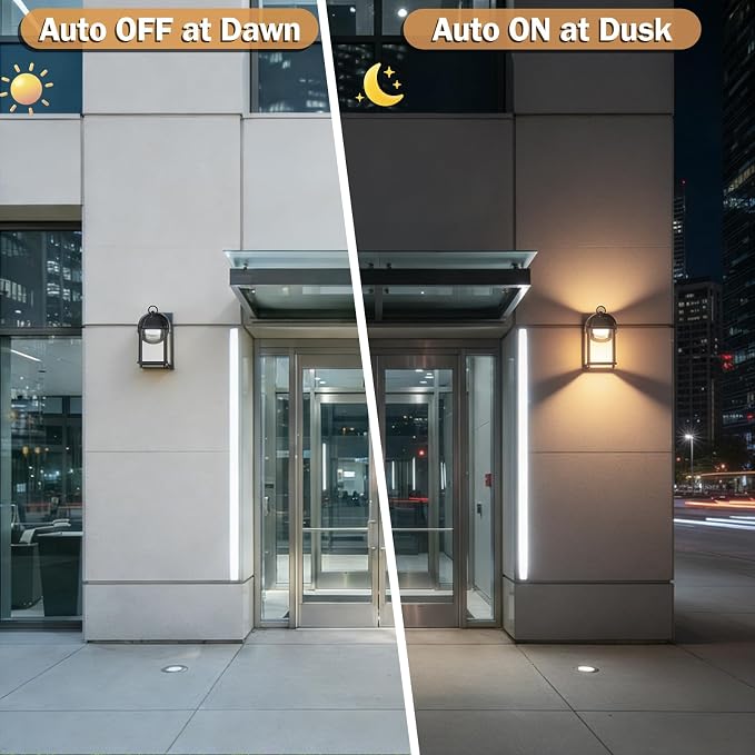 Outdoor Wall Light Fixture Dusk to Dawn, Rustproof Aluminum, LED | Exterior Porch Light Wall Sconce Lantern for House, Patio, Garage, Waterproof, Glass, 9.5W 800 Lumen, 3000K, Black, 2 Pack