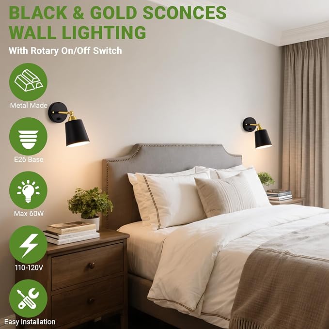 Dimmable Wall Sconces Set of 2, Wall Mounted Bedside Lamps with Rotary Switch, Black & Gold Sconces Wall Lighting, Bathroom Light Fixtures with Metal Shade, Wall Lights for Bedroom Living Room