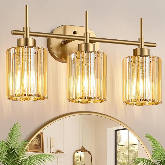 Modern Crystal Bathroom Light Fixtures Over Mirror, 3-Light Brushed Gold Bathroom Vanity Light with Amber Glass Shades, Modern Vanity Lights for Bathroom, E26 Base, Bulbs Not Included